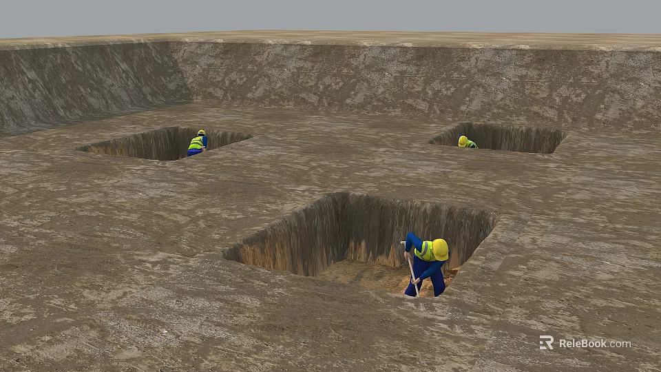 Workers Excavating Square Foundation Pits On Construction Site With Muddy Ground 3d model 
