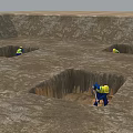 Workers Excavating Square Foundation Pits On Construction Site With Muddy Ground