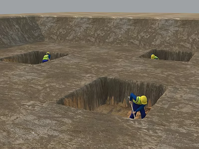 Workers Excavating Square Foundation Pits On Construction Site With Muddy Ground 3d model
