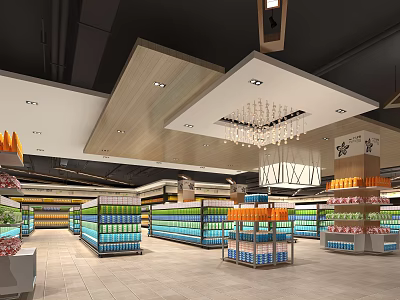 Bright Supermarket Department Store Interior With Shelves Colorful Products And Chandeliers 3d model