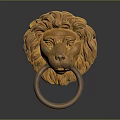 Detailed Carved Golden Lion Head Sculpture With Intricate Metal Ring Door Knocker