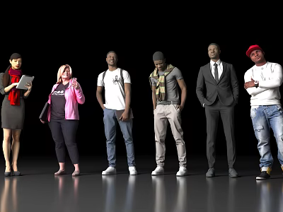 Group of diverse people standing together in various casual and formal attires with simple background 3d model