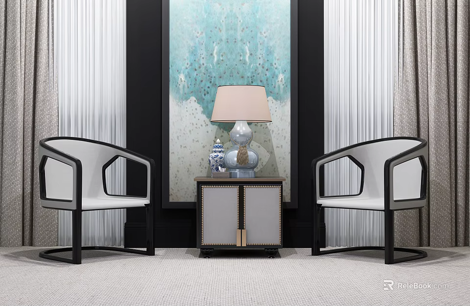 Leisure Sofa Set with Two Accent Chairs Side Table Table Lamp and Decorative Artwork 3d model