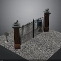 Iron Gate Entrance With Brick Pillars Stone Balls And Gravel Ground