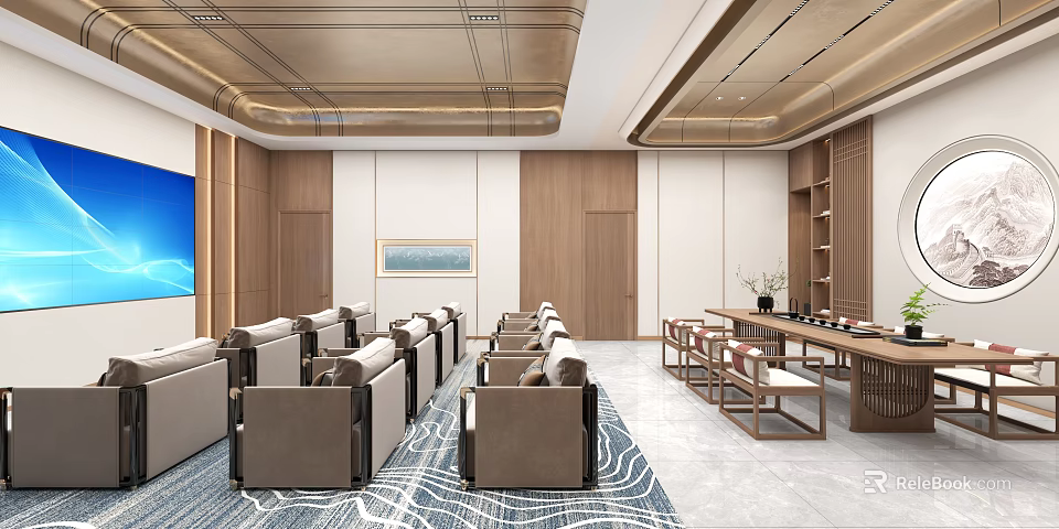 Modern Luxury New Chinese Style Meeting Room With Comfortable Seats And Premium Wooden Interior Design 3d model 