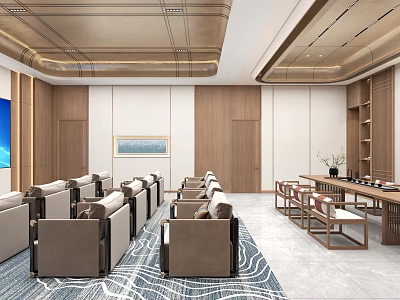 Modern Luxury New Chinese Style Meeting Room With Comfortable Seats And Premium Wooden Interior Design 3d model