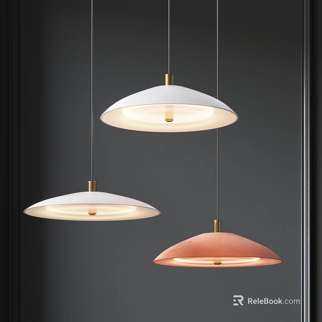 Modern Round Pendant Lights White And Pink With Golden Details Against Dark Wall Background 3d model 