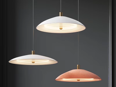 Modern Round Pendant Lights White And Pink With Golden Details Against Dark Wall Background 3d model
