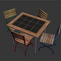 Modern Outdoor Table With Square Tile Top And Four Wooden Striped Chairs For Patio