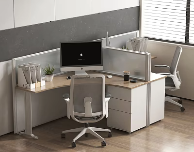 Modern Office Desk Chair Set With Partition Monitor Plant Drawer Cabinet Wooden Floor 3d model