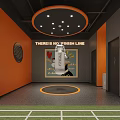 Fitness Studio Interior With Orange Gray Walls Central Circular Workout Area And Motivational Wall Art