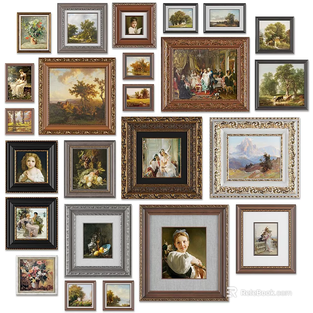 Various Framed Oil Paintings With Classic Landscape Portrait And Still Life Themes 3d model 