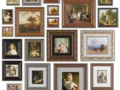 Various Framed Oil Paintings With Classic Landscape Portrait And Still Life Themes 3d model