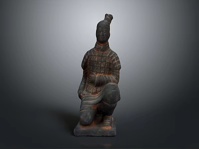 Ancient Terracotta Warrior Sculpture In Kneeling Pose With Intricate Armor Details 3d model