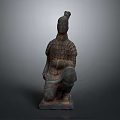 Ancient Terracotta Warrior Sculpture In Kneeling Pose With Intricate Armor Details