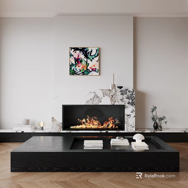 Modern Black Fireplace With Burning Flames And Marble Accent Above Colorful Artwork And Plants 3d model 