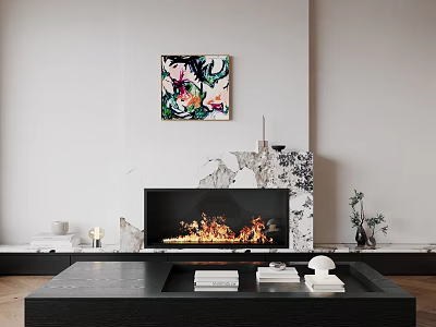 Modern Black Fireplace With Burning Flames And Marble Accent Above Colorful Artwork And Plants 3d model