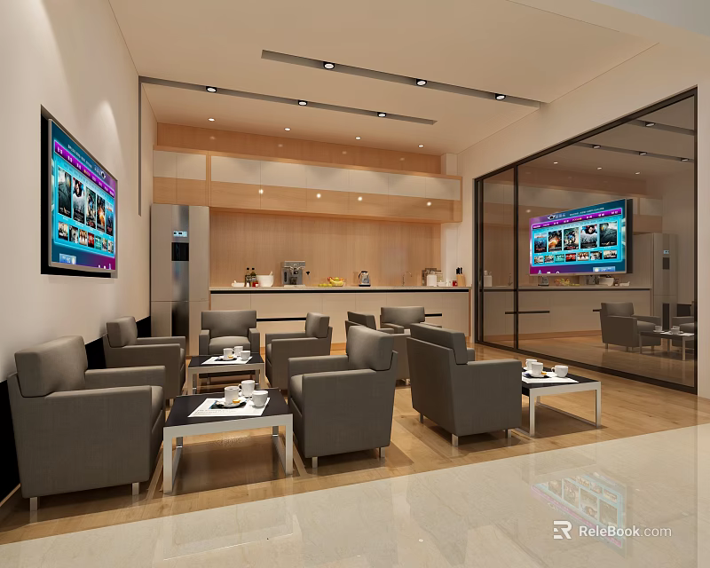 Modern 4S Store Interior With Comfortable Sofas Coffee Tables And TV Screens 3d model 