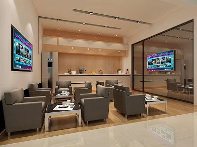 Modern 4S Store Interior With Comfortable Sofas Coffee Tables And TV Screens 3d model