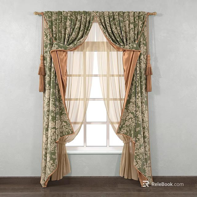 Elegant Classic Green Beige Floral Pattern Curtains With Sheer Panels And Tassel Ties 3d model 