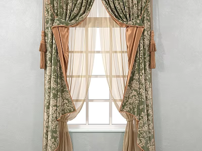 Elegant Classic Green Beige Floral Pattern Curtains With Sheer Panels And Tassel Ties 3d model