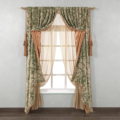 Elegant Classic Green Beige Floral Pattern Curtains With Sheer Panels And Tassel Ties 3d model