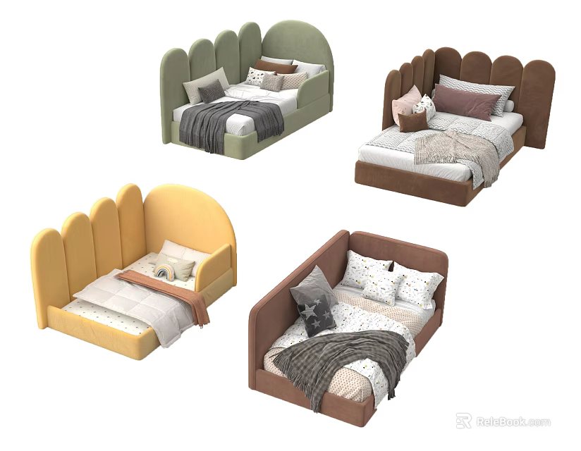 Modern Kids Bed with Wave Shaped Headboard Multiple Colors and Soft Bedding 3d model 