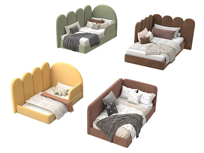 Modern Kids Bed with Wave Shaped Headboard Multiple Colors and Soft Bedding 3d model