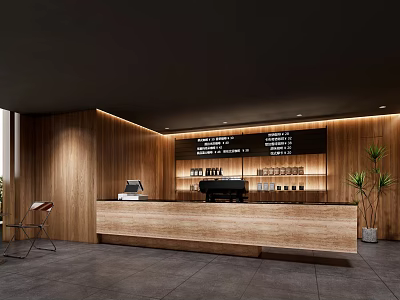 Modern Coffee Shop Interior Design With Wooden Counter Menu Board And Green Plants 3d model