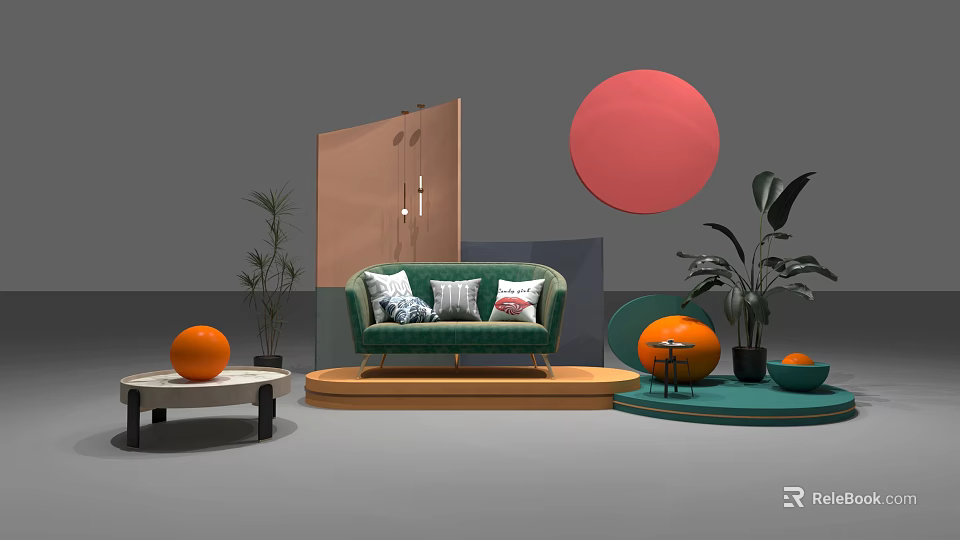 Modern Interior Scene With Green Sofa Pillows Circular Decor Orange Spheres And Plants 3d model 