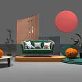 Modern Interior Scene With Green Sofa Pillows Circular Decor Orange Spheres And Plants