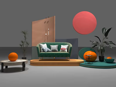 Modern Interior Scene With Green Sofa Pillows Circular Decor Orange Spheres And Plants 3d model