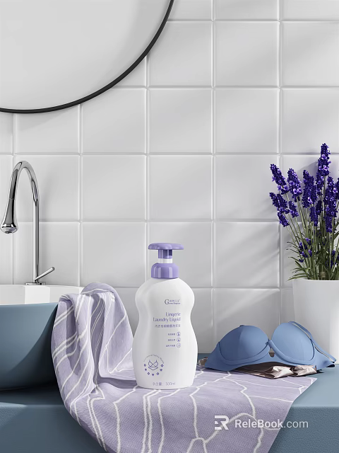 Bathroom Accessories With White Tiled Wall Faucet Sink Soap Dispenser Folded Towel And Lavender Flowers 3d model 