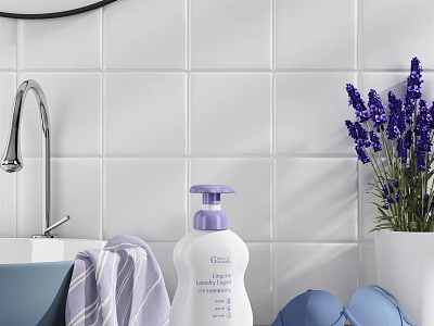 Bathroom Accessories With White Tiled Wall Faucet Sink Soap Dispenser Folded Towel And Lavender Flowers 3d model