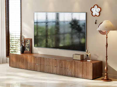 Modern Wooden TV Stand With TV Floor Lamp Decorative Clock And Items 3d model