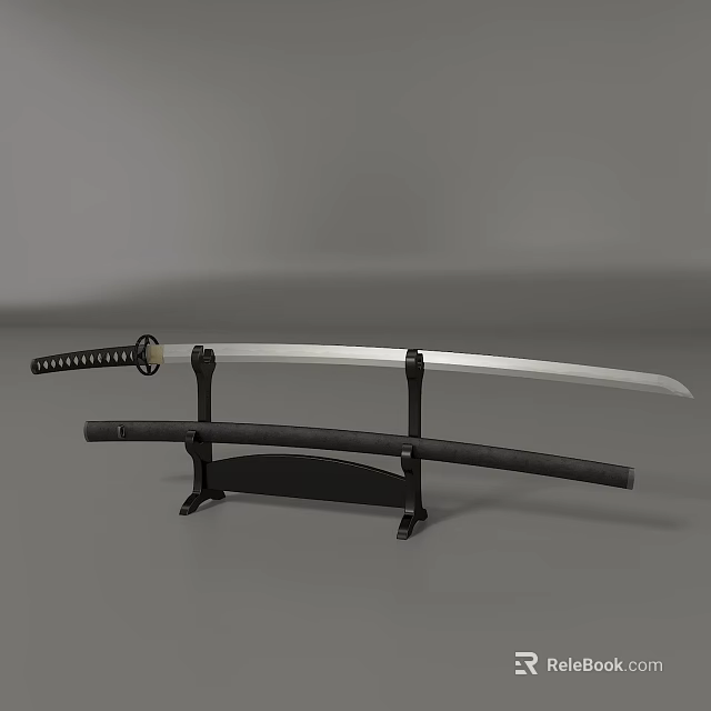 Traditional Japanese Katana Weapon With Sharp Blade Black Sheath And Decorative Stand 3d model 