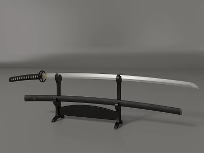 Traditional Japanese Katana Weapon With Sharp Blade Black Sheath And Decorative Stand 3d model