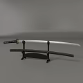 Traditional Japanese Katana Weapon With Sharp Blade Black Sheath And Decorative Stand