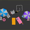 Colorful Beach Equipment Collection Featuring Umbrellas Lounge Chairs Surfboards And Mats
