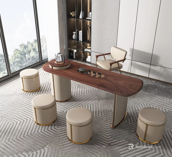 Modern Tea Table and Chairs Set with Stools Tea Set Near Large Windows 3d model