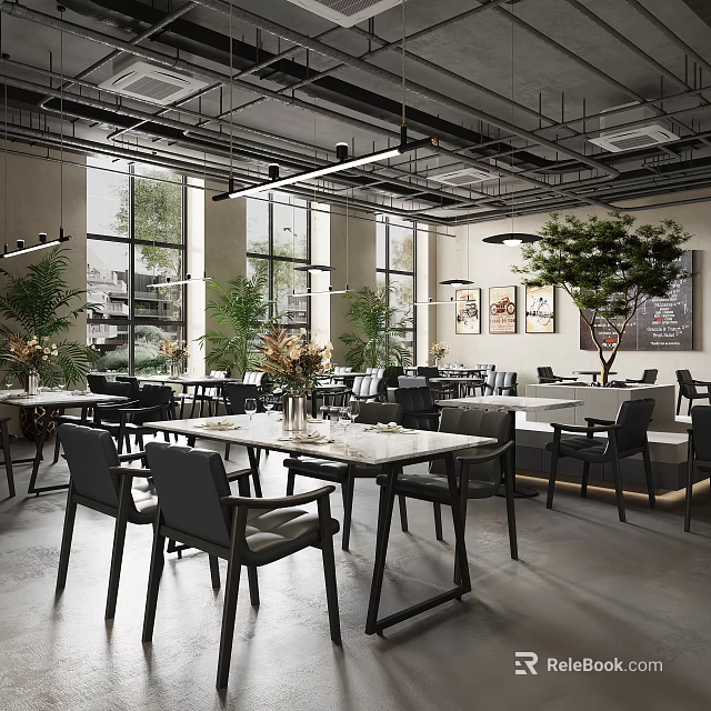 Modern Restaurant Interior With Large Windows Green Plants White Tables And Black Chairs 3d model 