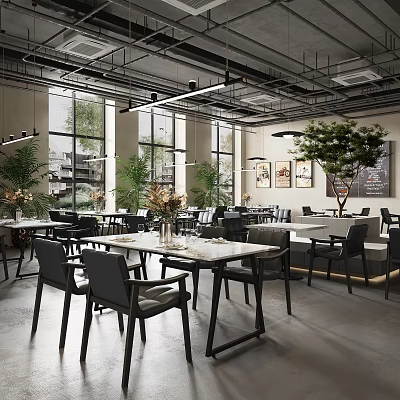 Modern Restaurant Interior With Large Windows Green Plants White Tables And Black Chairs 3d model
