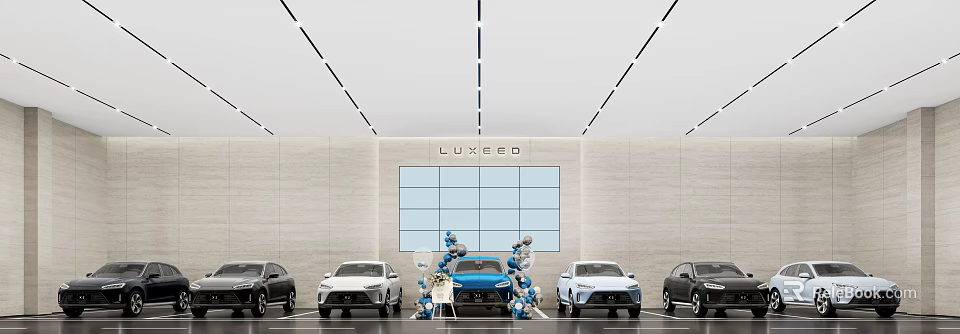 LUXEED Modern Car Showroom Featuring Multiple Vehicle Models On 3d model 
