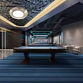 Elegant Billiard Room With Two Tables Blue Striped Carpet And Golden Bar Counter