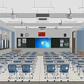 School Classroom Interior With Blue Desks Chairs Neatly Arranged Front Board Wall Posters Windows And Bookshelves