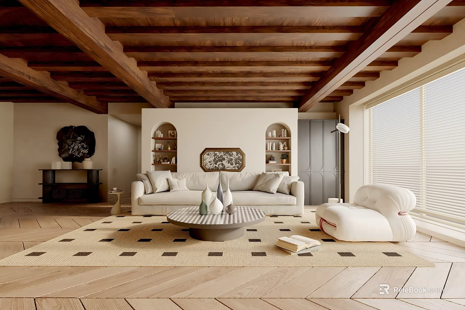 Warm Living Room Interior With Wooden Beams Beige Sofa Round Coffee Table And White Armchair 3d model 