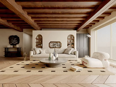 Warm Living Room Interior With Wooden Beams Beige Sofa Round Coffee Table And White Armchair 3d model