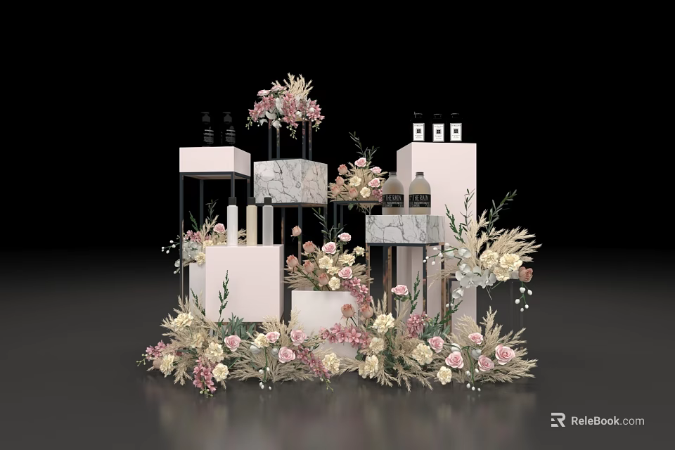 Elegant Vase With Pink And White Flowers On Multi Level Marble Stands 3d model