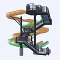 Thrilling Multi Level Spiral Water Slide With Green And Orange Slides And Platforms