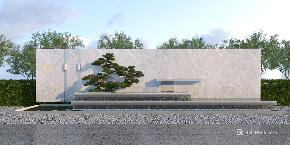 White Marble Feature Wall With Sculpted Pine Tree And Water Cascade In Garden Landscape 3d model 